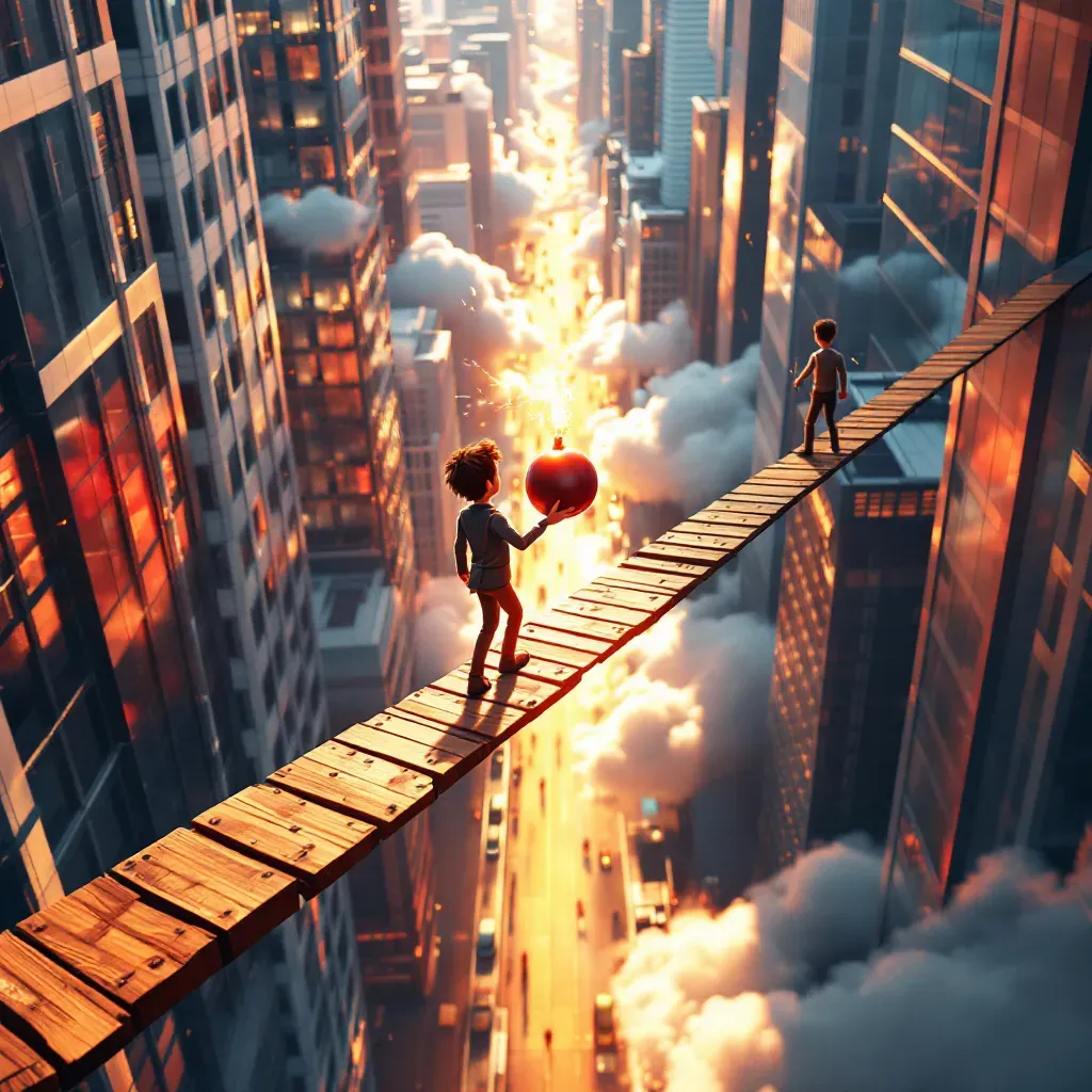 Altophobia artwork: a player on a timber plank bridge high above the city at golden hour