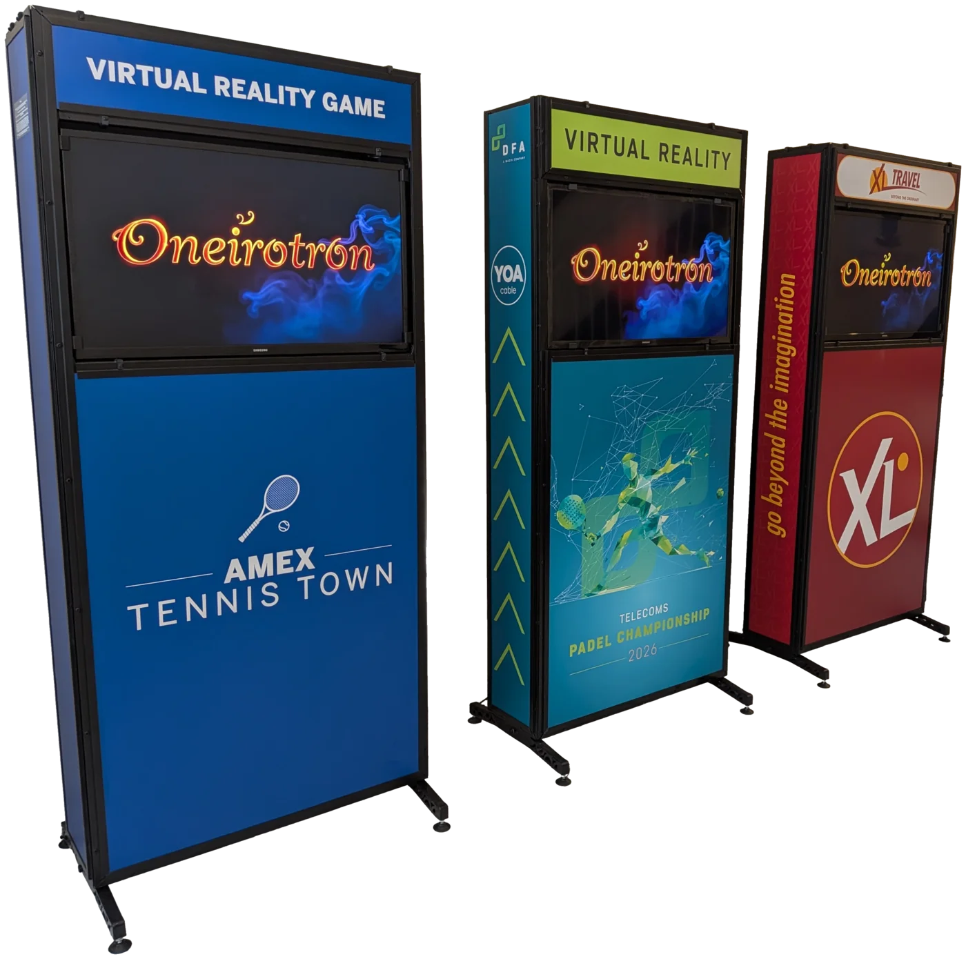 Three branded VR towers - Amex Tennis Town, Telecoms Padel Championship 2026 and XL Travel liveries - photographed in the studio